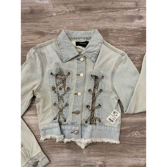 Akira Lace Up Chain Denim Jean Jacket Women’s Sz Medium - Picture 1 of 7